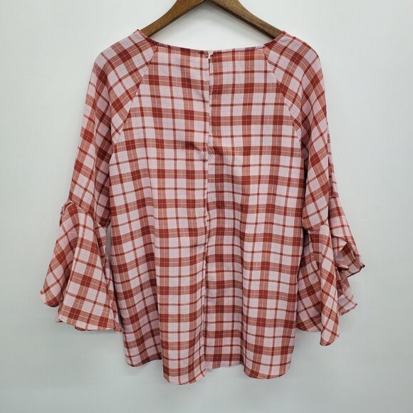 Lauren Conrad Plaid Ruffle Sleeve Blouse Womens L Pink Rust Gingham Cottagecore - Picture 3 of 13
